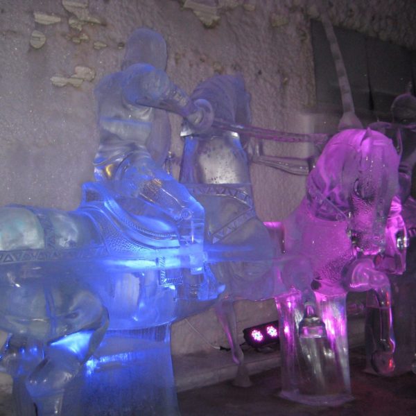 Decorative chariots lit with lights during Alaska Wild Lights tour near Fairbanks