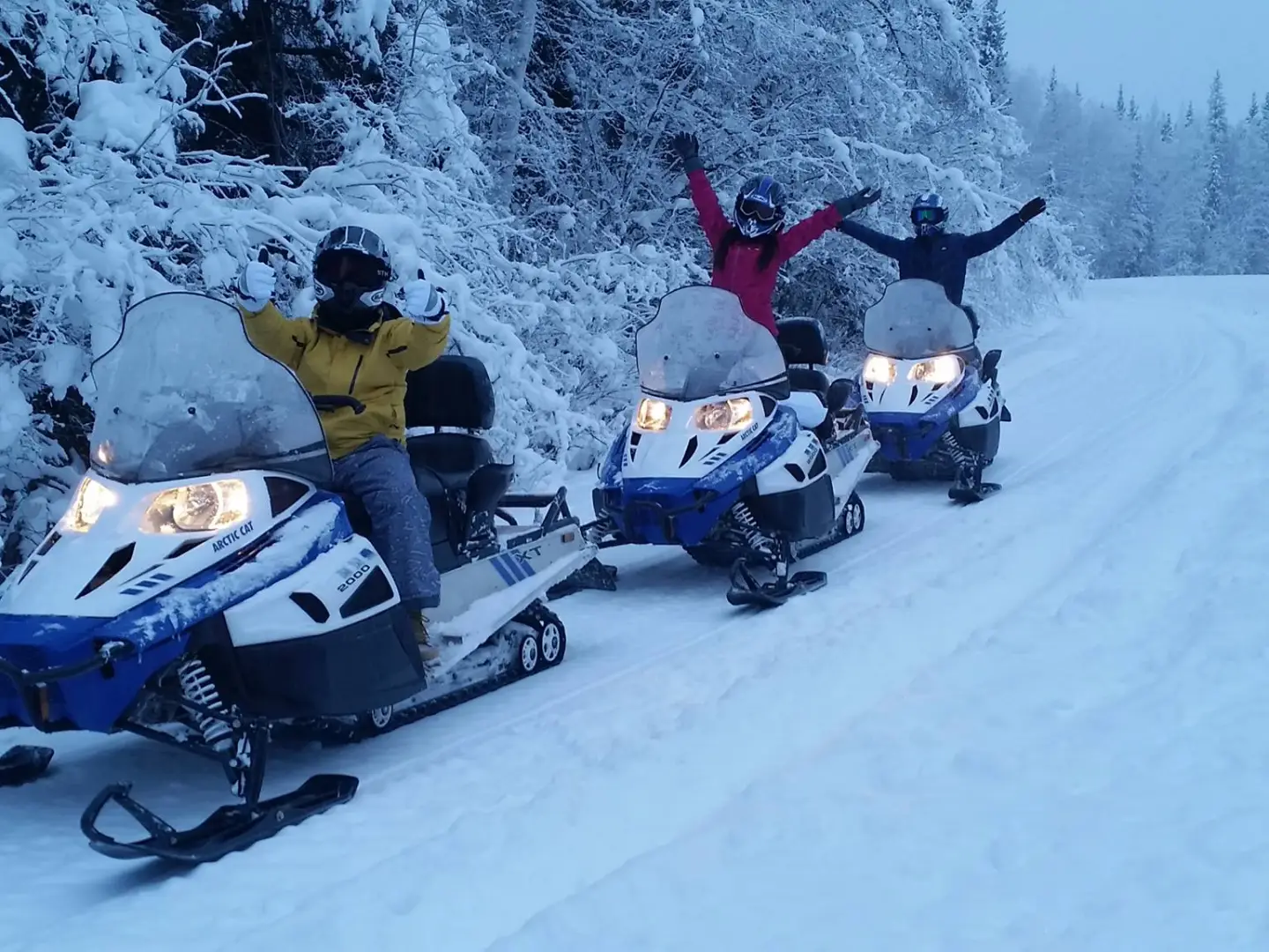 Guests enjoying hot drinks during aurora viewing tour near Fairbanks