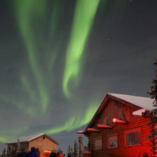 Green northern lights dancing over a house with trees near Fairbanks Alaska