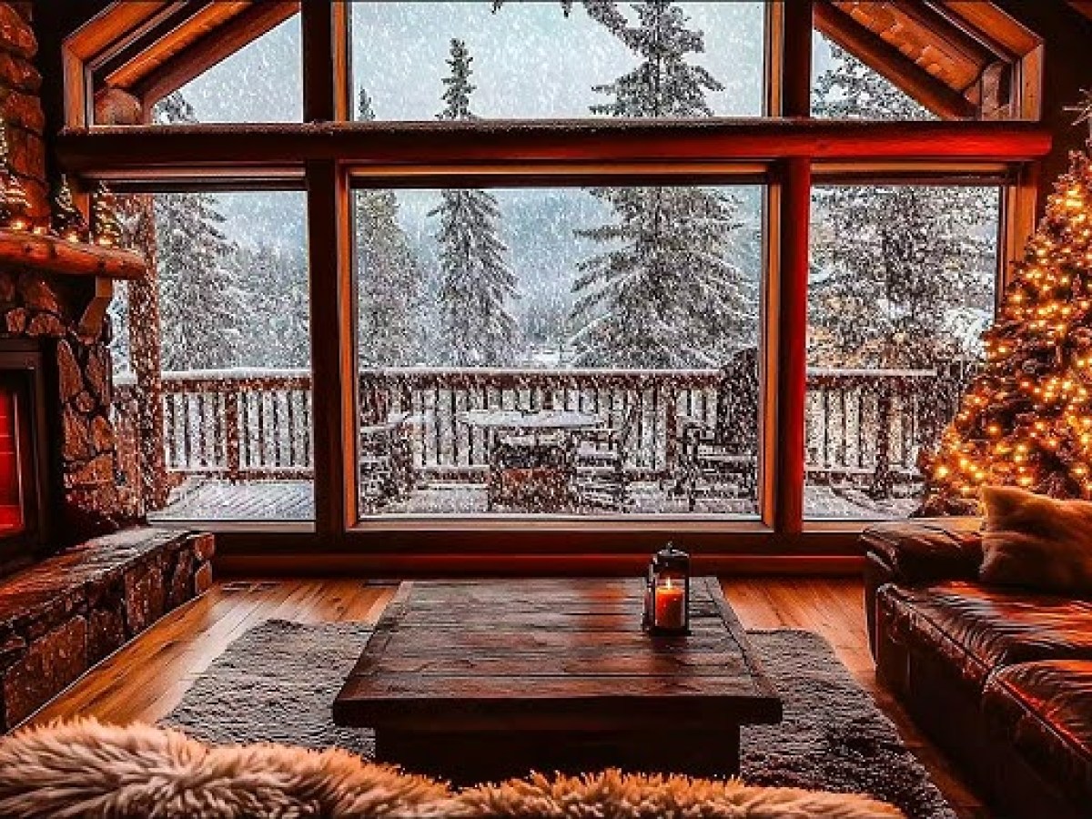 Cozy cabin interior with fireplace, Christmas tree, and snowy forest view through large windows.