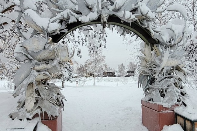 Snow-covered antler archway in a snowy landscape with trees.