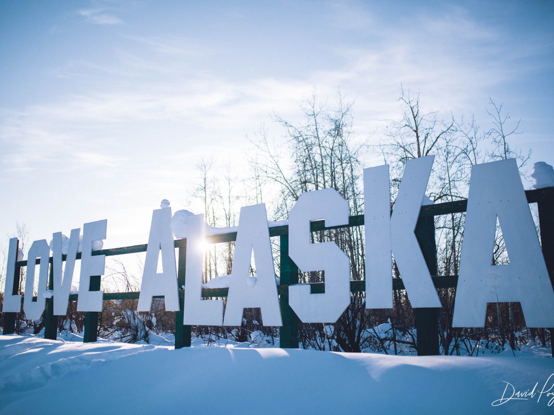 Snow-covered sign reading 'LOVE ALASKA' against a clear blue sky and bare trees.