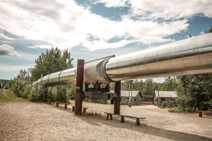 Elevated silver pipeline running above ground with trees and a cloudy sky in the background.