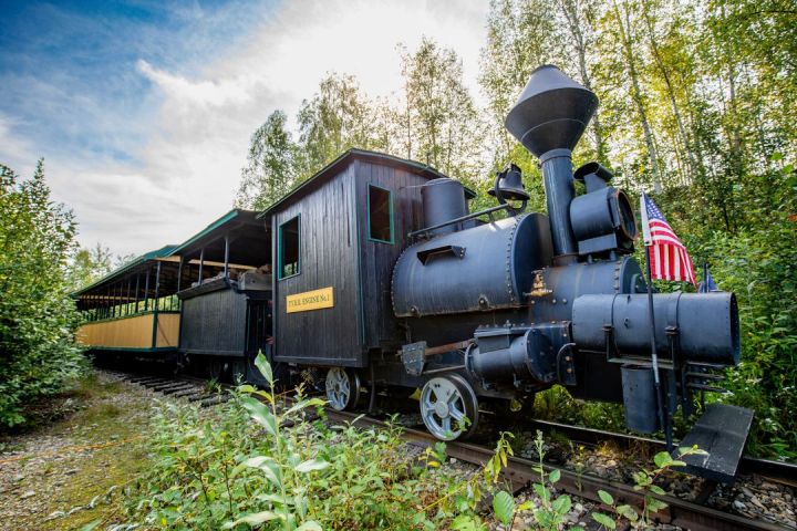 Black vintage steam train with carriages on tracks surrounded by trees and an American flag.