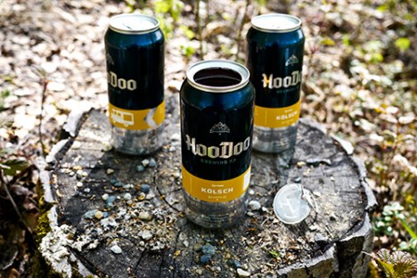 Three beer cans on a tree stump outdoors, one open, with rocks scattered around.