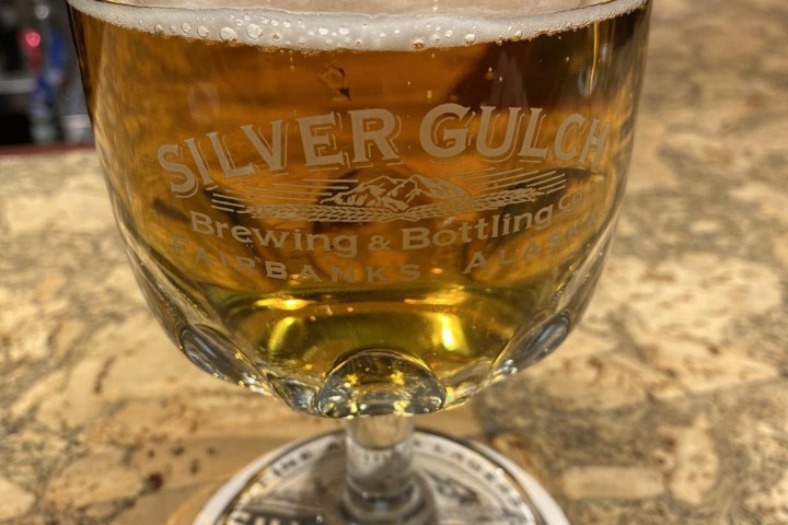 Glass of beer on a coaster with Silver Gulch branding, bar interior in background.