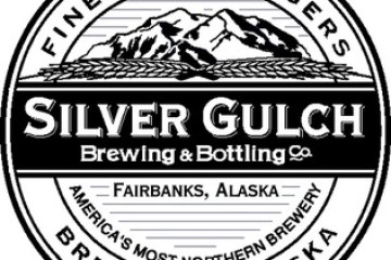Label with Silver Gulch Brewing Co., mountain image, Fairbanks, Alaska, and brewed in Alaska text.
