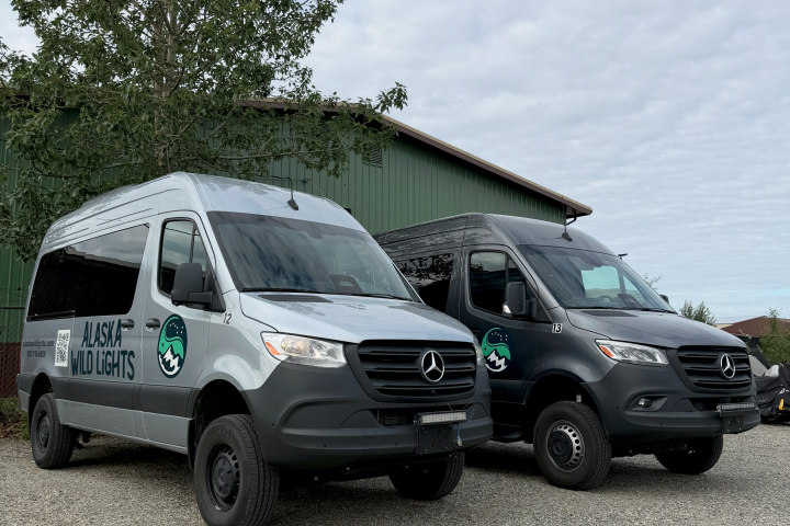 Two gray Mercedes-Benz vans parked beside a green building under a cloudy sky.
